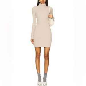Enza Costa Long Sleeve Ribbed Silk Turtleneck Mini Dress Tan NWT Size Medium